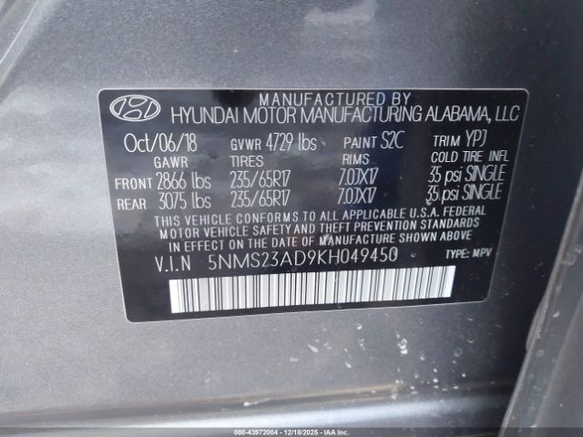 2019 HYUNDAI SANTA FE 5NMS23AD9KH049450 Photo 8