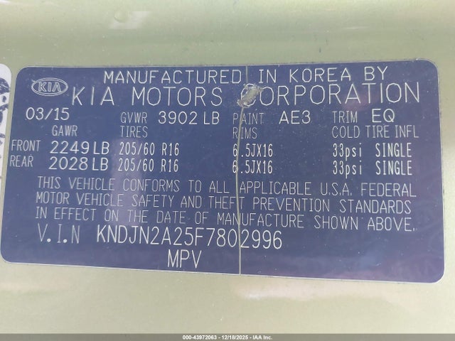 Aukcja sprzedaży 2015 Kia Soul, vin: KNDJN2A25F7802996, numer aukcji: 43972063