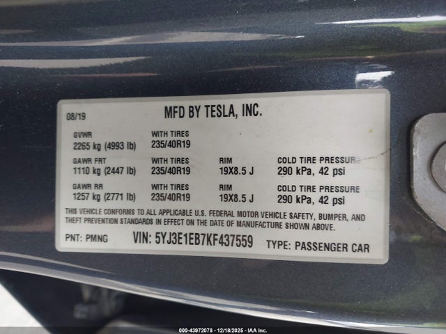 2019 TESLA MODEL 3 5YJ3E1EB7KF437559 Photo 8