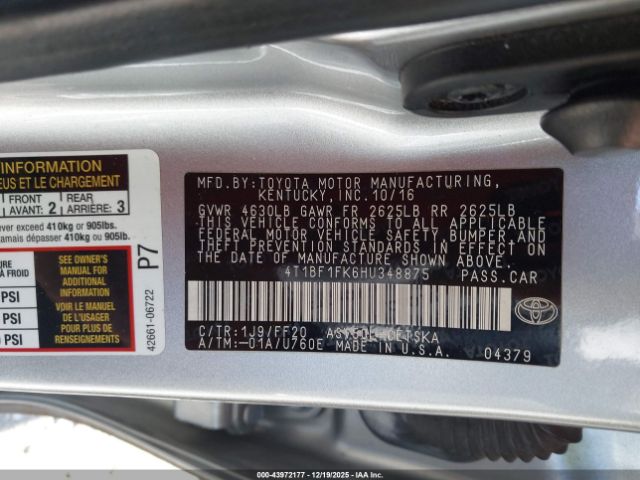 2017 TOYOTA CAMRY 4T1BF1FK6HU348875 Photo 8