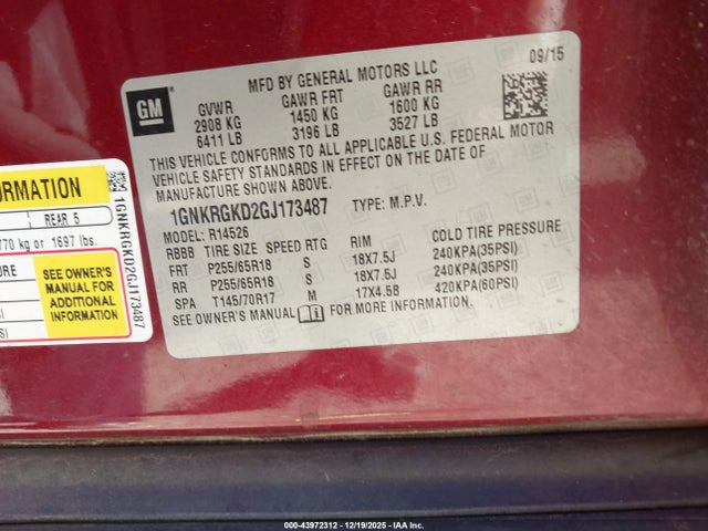 Chevrolet Traverse 1lt 2016 1GNKRGKD2GJ173487 Image 9