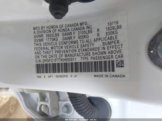 Продажа на аукционе авто 2019 Honda Civic Ex-l, vin: 2HGFC1F77KH650911, номер лота: 43972482