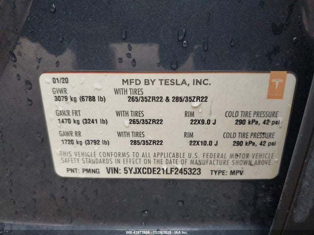 43972586 :رقم المزاد ، 5YJXCDE21LF245323 vin ، 2020 Tesla Model X Long Range Dual Motor All-wheel Drive/long Range Plus Dual Motor All-wheel Drive مزاد بيع