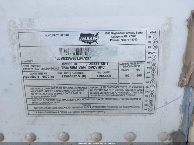2007 Wabash National Corp Wabash National Corp მანქანა იყიდება აუქციონზე, vin: 1JJV532W87L047237, აუქციონის ნომერი: 43972612