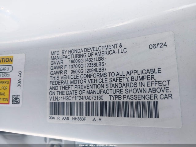 43972686 :رقم المزاد ، 1HGCY1F24RA073160 vin ، 2024 Honda Accord Lx مزاد بيع