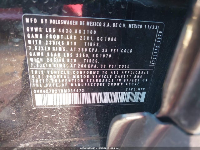Aukcja sprzedaży 2024 Volkswagen Taos 1.5t Sel, vin: 3VV4X7B21RM036473, numer aukcji: 43972693