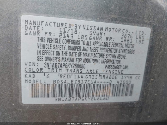Nissan SENTRA S 2019 3N1AB7AP6KY268680 Image 9