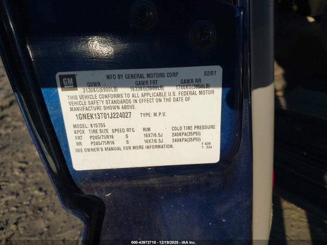 2001 CHEVROLET TAHOE 1GNEK13T01J224027 Photo 8