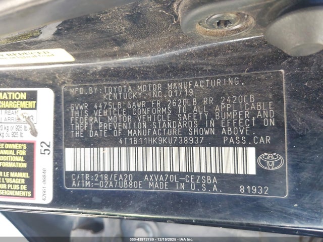 4T1B11HK9KU738937 Toyota CAMRY SE