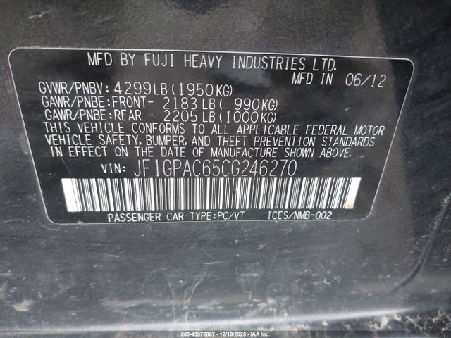 Aukcja sprzedaży 2012 Subaru Impreza 2.0i Premium, vin: JF1GPAC65CG246270, numer aukcji: 43972867