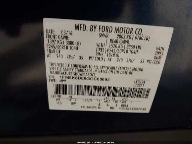 Ford EXPLORER XLT 2016 1FM5K8D88GGC68693 Image 9
