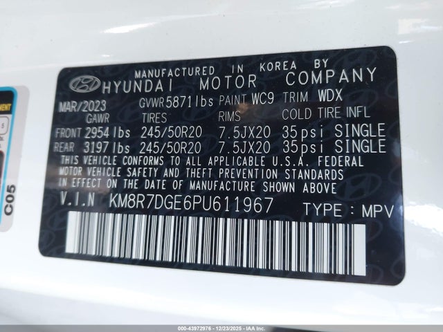 KM8R7DGE6PU611967 Hyundai Palisade Calligraphy