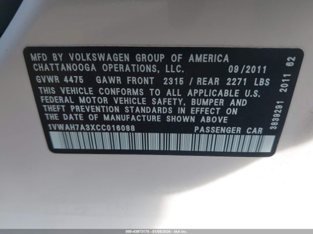 2012 VOLKSWAGEN PASSAT 1VWAH7A3XCC016088 Photo 8