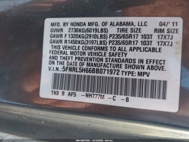 2011 HONDA ODYSSEY 5FNRL5H66BB071972 Photo 8