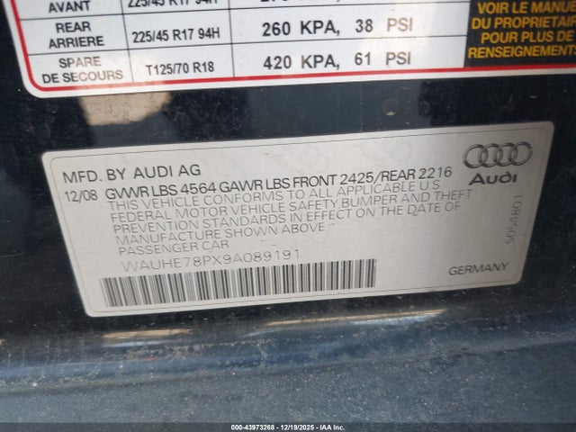 Aukcja sprzedaży 2009 Audi A3 2.0t, vin: WAUHE78PX9A089191, numer aukcji: 43973268
