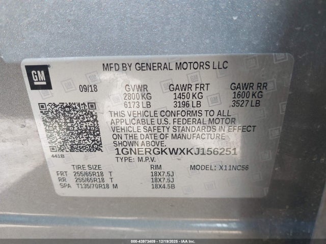 1GNERGKWXKJ156251 Chevrolet Traverse 1lt