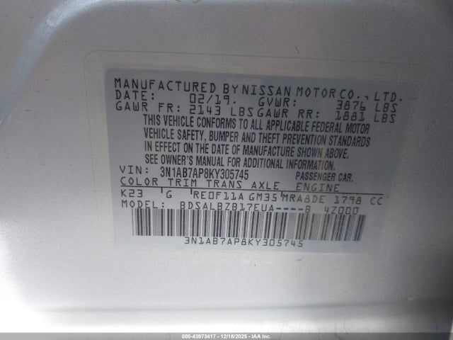 Продаж на аукціоні авто 2019 Nissan Sentra S, vin: 3N1AB7AP8KY305745, номер лоту: 43973417