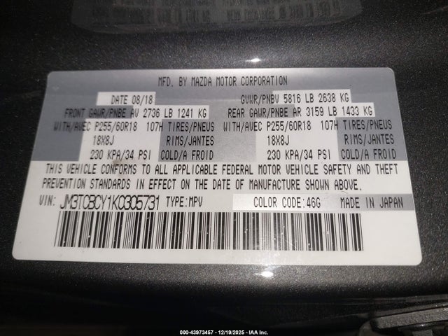 Aukcja sprzedaży 2019 Mazda Cx-9 Touring, vin: JM3TCBCY1K0305731, numer aukcji: 43973457