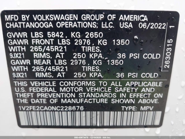 43973478 :رقم المزاد ، 1V2FE2CA0NC228676 vin ، 2022 Volkswagen Atlas Cross Sport 3.6l V6 Sel Premium R-line مزاد بيع