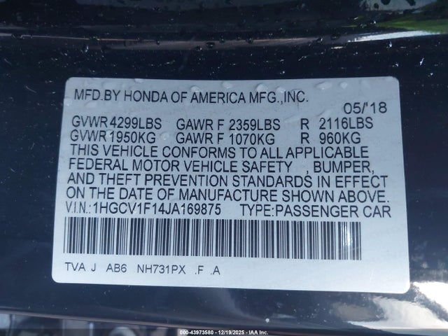 Aukcja sprzedaży 2018 Honda Accord Lx, vin: 1HGCV1F14JA169875, numer aukcji: 43973580