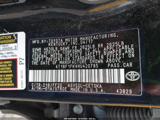 4T1BF1FK4HU420785 Toyota CAMRY SE