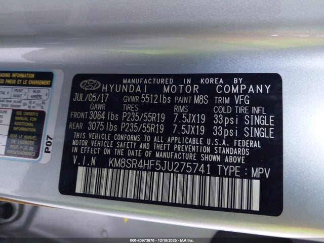 43973670 :رقم المزاد ، KM8SR4HF5JU275741 vin ، 2018 Hyundai Santa Fe Limited Ultimate مزاد بيع