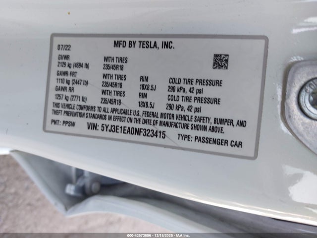 2022 TESLA MODEL 3 5YJ3E1EA0NF323415 Photo 8