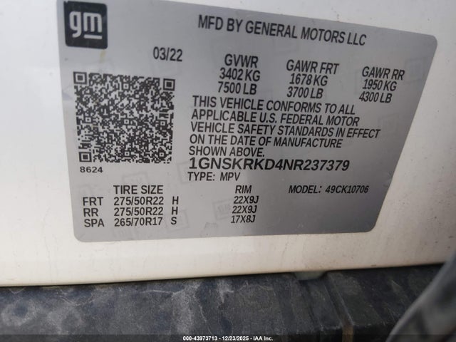 1GNSKRKD4NR237379 Chevrolet Tahoe 4wd Rst