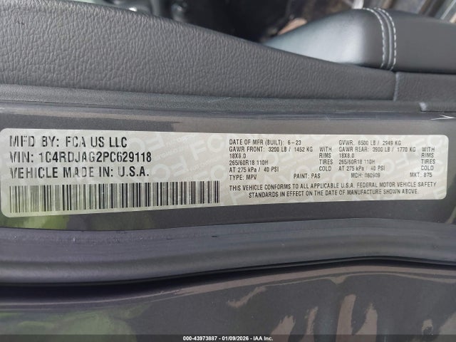 43973887 :رقم المزاد ، 1C4RDJAG2PC629118 vin ، 2023 Dodge Durango Sxt Awd مزاد بيع