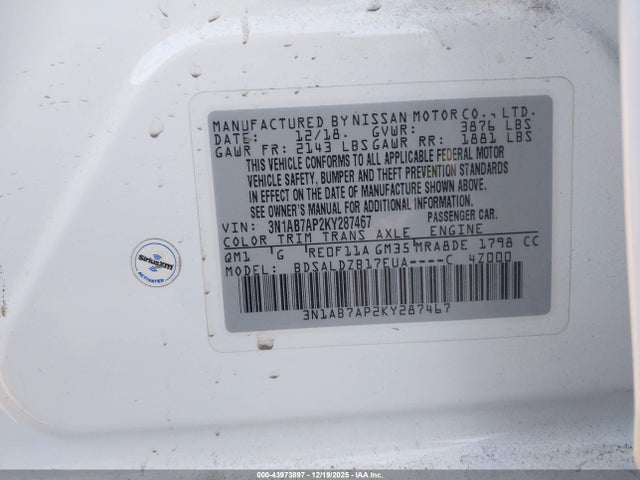 3N1AB7AP2KY287467 Nissan SENTRA SV