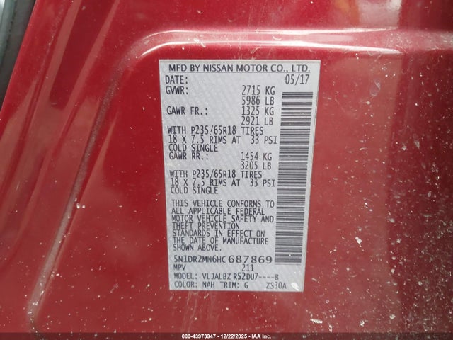 2017 Nissan Pathfinder S მანქანა იყიდება აუქციონზე, vin: 5N1DR2MN6HC687869, აუქციონის ნომერი: 43973947