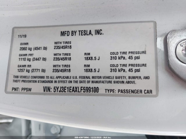 2020 TESLA MODEL 3 5YJ3E1EAXLF599100 Photo 8