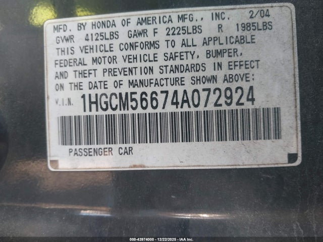 Auction sale of the 2004 Honda Accord 2.4 Ex, vin: 1HGCM56674A072924, lot number: 43974000