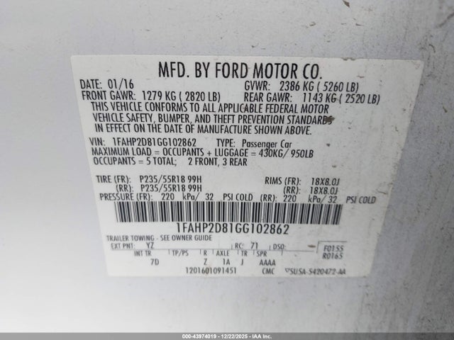 Ford TAURUS SE 2016 1FAHP2D81GG102862 Image 9