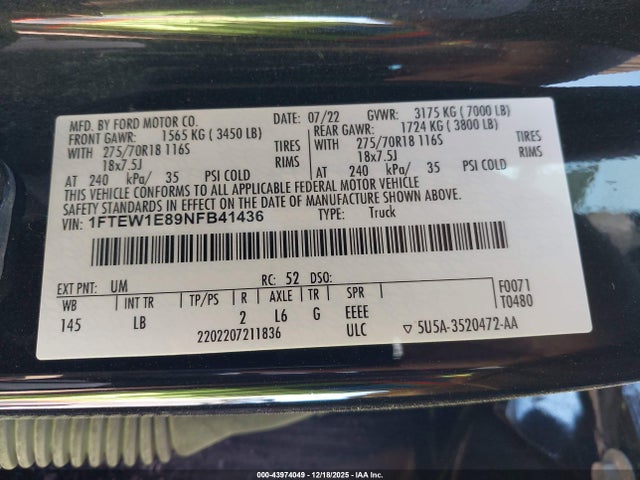 2022 Ford F-150 Tremor მანქანა იყიდება აუქციონზე, vin: 1FTEW1E89NFB41436, აუქციონის ნომერი: 43974049