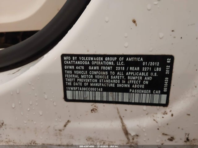 Продажа на аукционе авто 2012 Volkswagen Passat 2.5l Se, vin: 1VWBP7A39CC050143, номер лота: 43974095