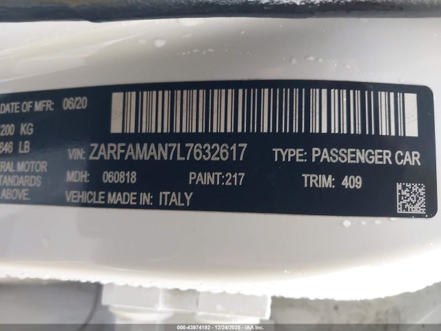 2020 ALFA ROMEO GIULIA ZARFAMAN7L7632617 Photo 8