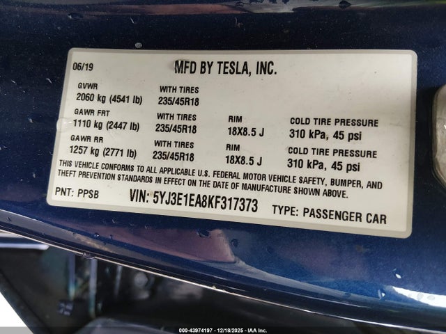 Продаж на аукціоні авто 2019 Tesla Model 3 Long Range/mid Range/standard Range/standard Range Plus, vin: 5YJ3E1EA8KF317373, номер лоту: 43974197