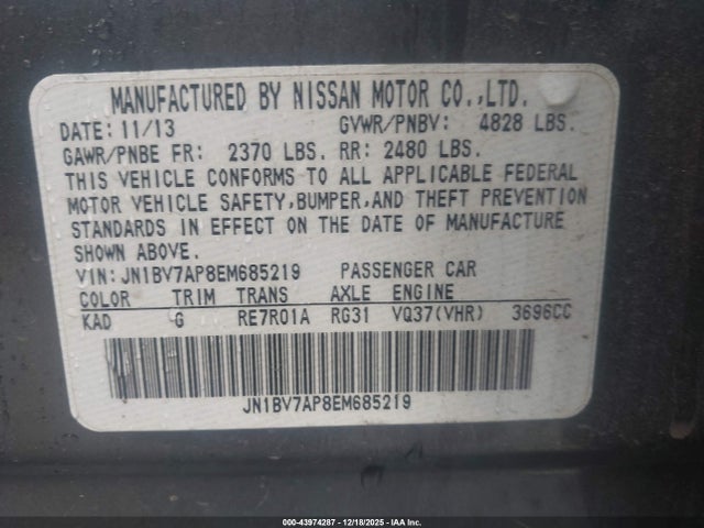 Aukcja sprzedaży 2014 Infiniti Q50 Premium, vin: JN1BV7AP8EM685219, numer aukcji: 43974287