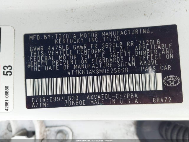 4T1K61AK8MU525668 Toyota CAMRY XSE