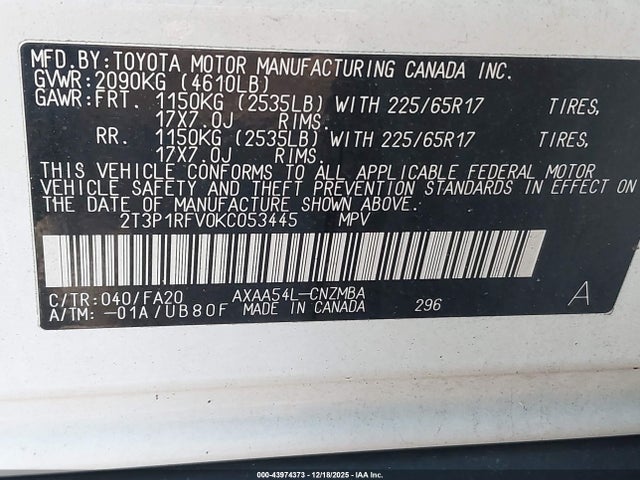 2T3P1RFV0KC053445 Toyota Rav4 Xle