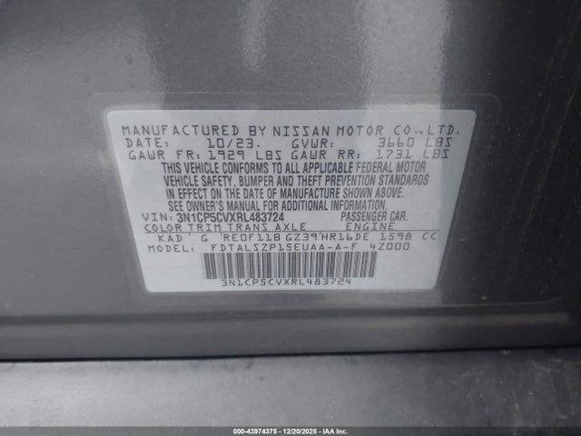 Aukcja sprzedaży 2024 Nissan Kicks Sv Xtronic Cvt, vin: 3N1CP5CVXRL483724, numer aukcji: 43974375
