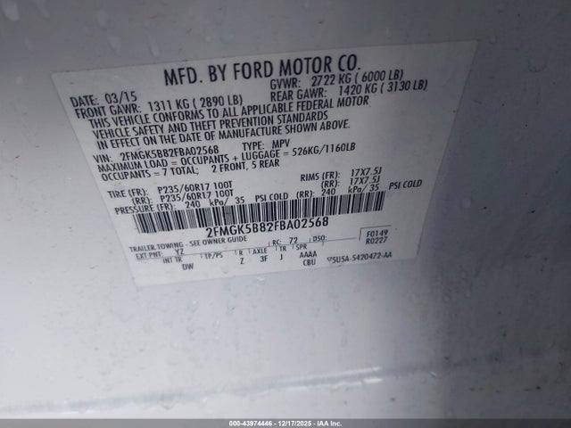 Ford FLEX SE 2015 2FMGK5B82FBA02568 Image 9