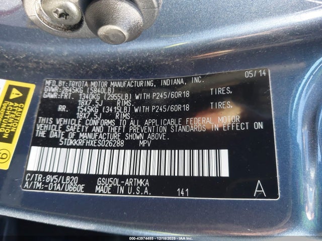 Toyota Highlander Xle V6 2014 5TDKKRFHXES026288 Image 9