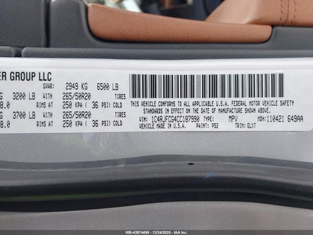 Aukcja sprzedaży 2012 Jeep Grand Cherokee Overland, vin: 1C4RJFCG4CC187990, numer aukcji: 43974498