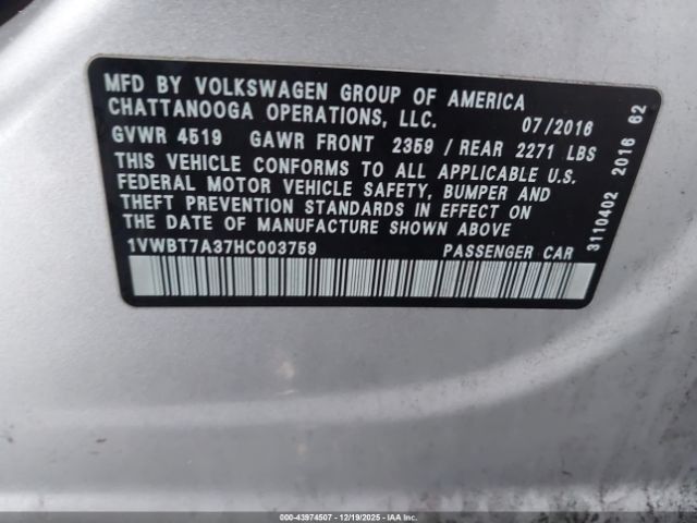 2017 VOLKSWAGEN PASSAT 1VWBT7A37HC003759 Photo 8