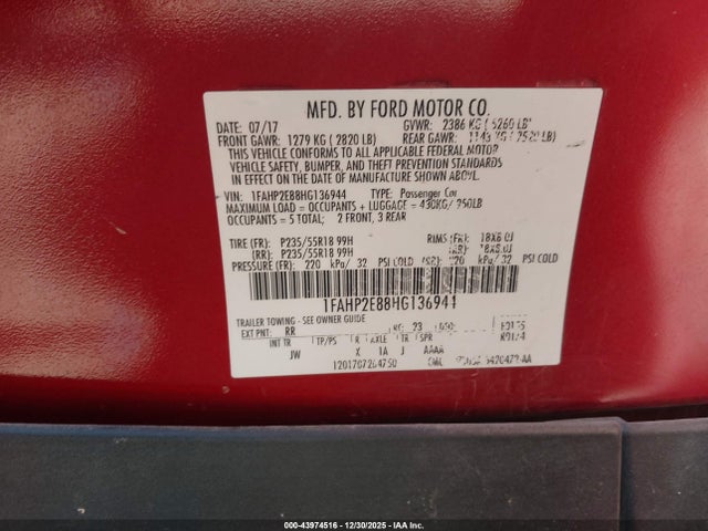 Ford TAURUS SEL 2017 1FAHP2E88HG136944 Image 9