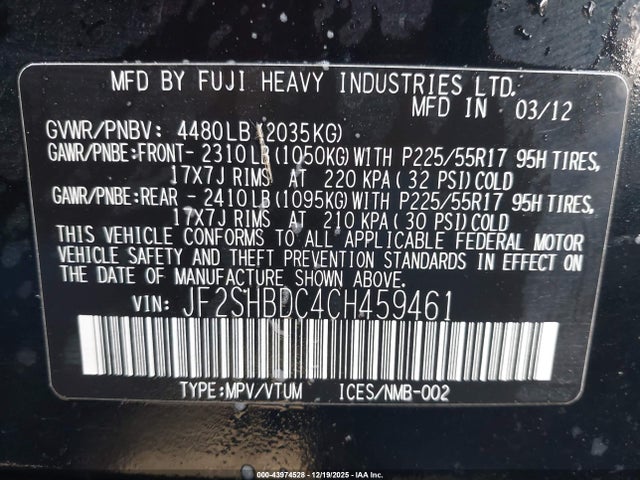 Aukcja sprzedaży 2012 Subaru Forester 2.5x Premium, vin: JF2SHBDC4CH459461, numer aukcji: 43974528