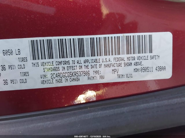 2019 Dodge Grand Caravan Sxt მანქანა იყიდება აუქციონზე, vin: 2C4RDGCG5KR537906, აუქციონის ნომერი: 43974577