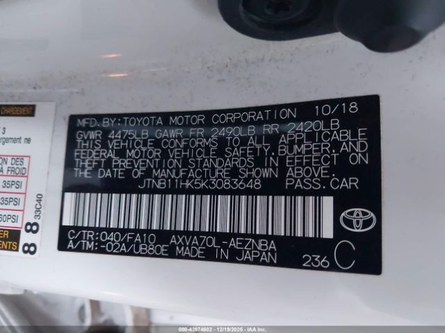 2019 TOYOTA CAMRY JTNB11HK5K3083648 Photo 8